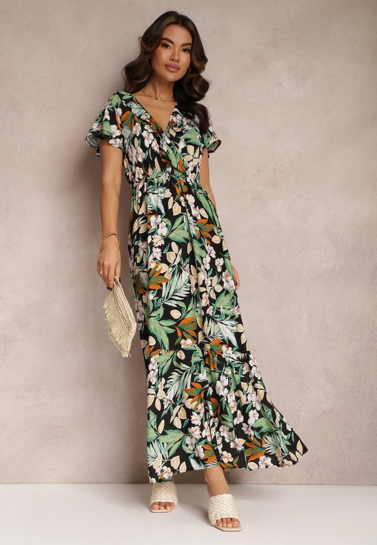 Rochie verde din viscoză maxi cu flori Mahiza