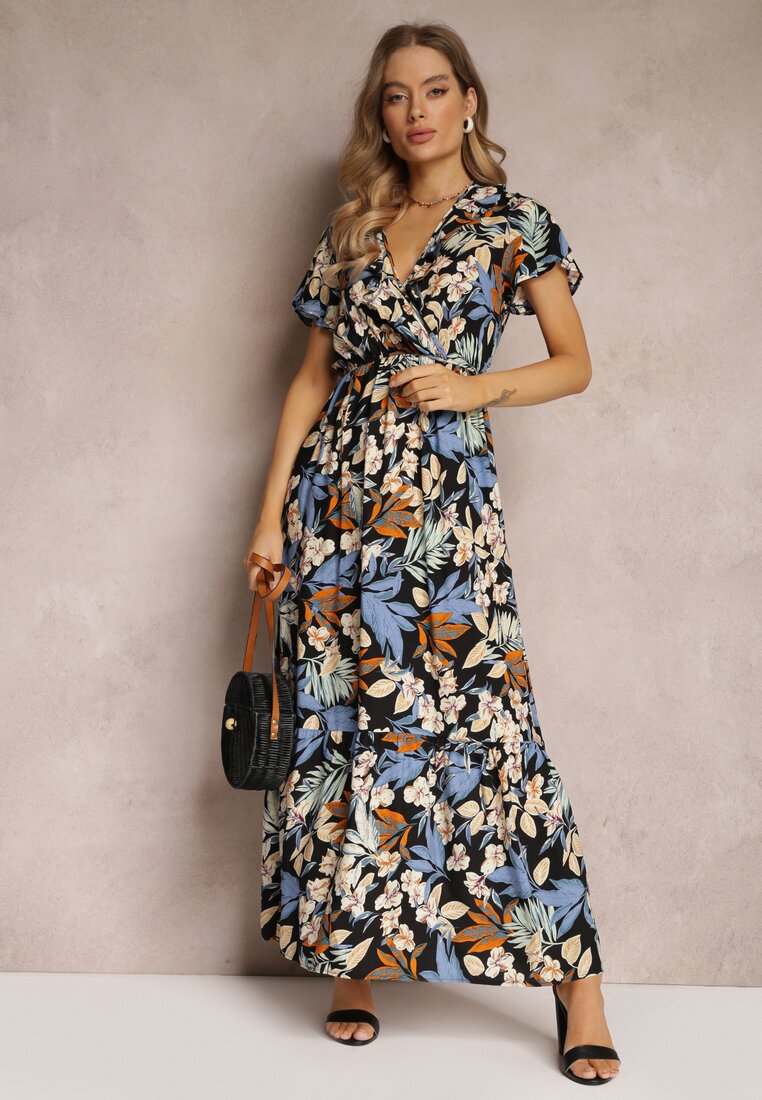 Czarno-Niebieska Sukienka z Wiskozy Maxi w Kwiaty Mahiza