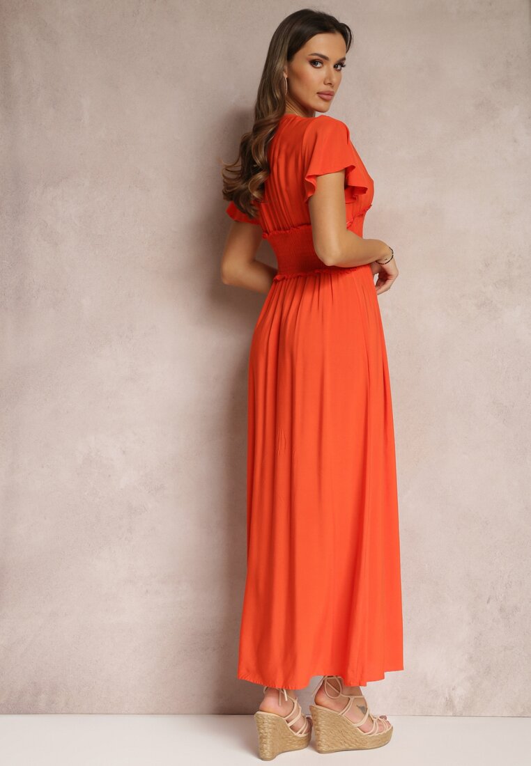 Pomarańczowa Wiskozowa Sukienka z Kopertowym Dekoltem i Gumką w Pasie Shura