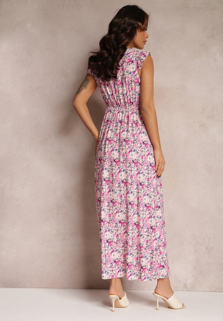 Różowo-Beżowa Kopertowa Sukienka Maxi z Gumką w Pasie i Falbaną Ammero