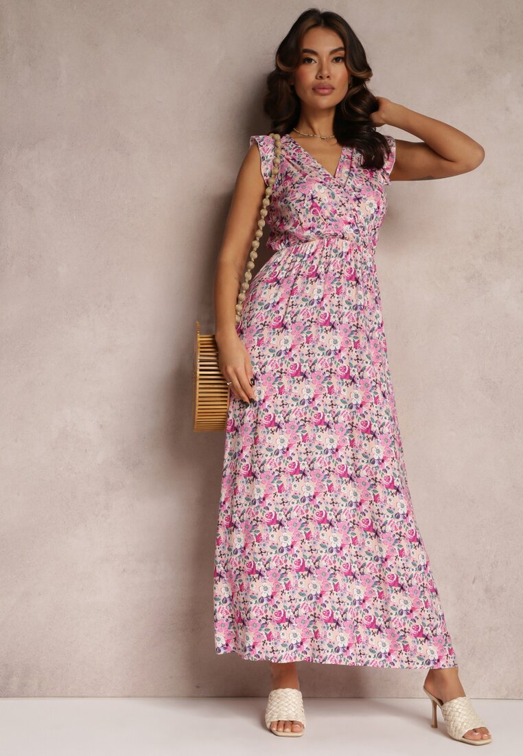 Różowo-Beżowa Kopertowa Sukienka Maxi z Gumką w Pasie i Falbaną Ammero