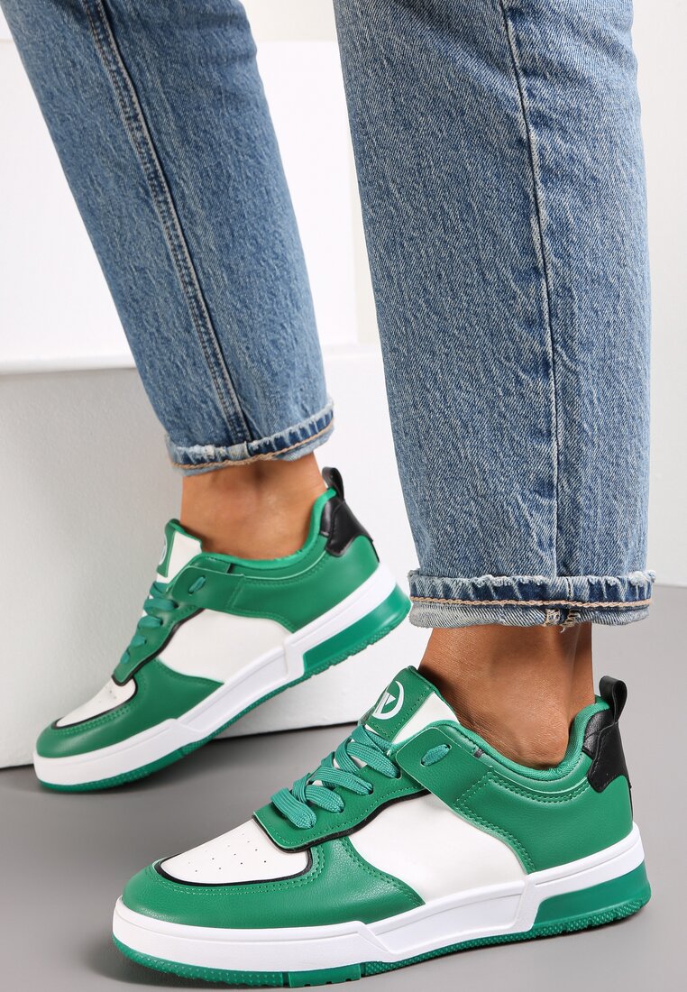 Zielone Sneakersy z Imitacji Skóry z Kolorowymi Wstawkami Cardatea
