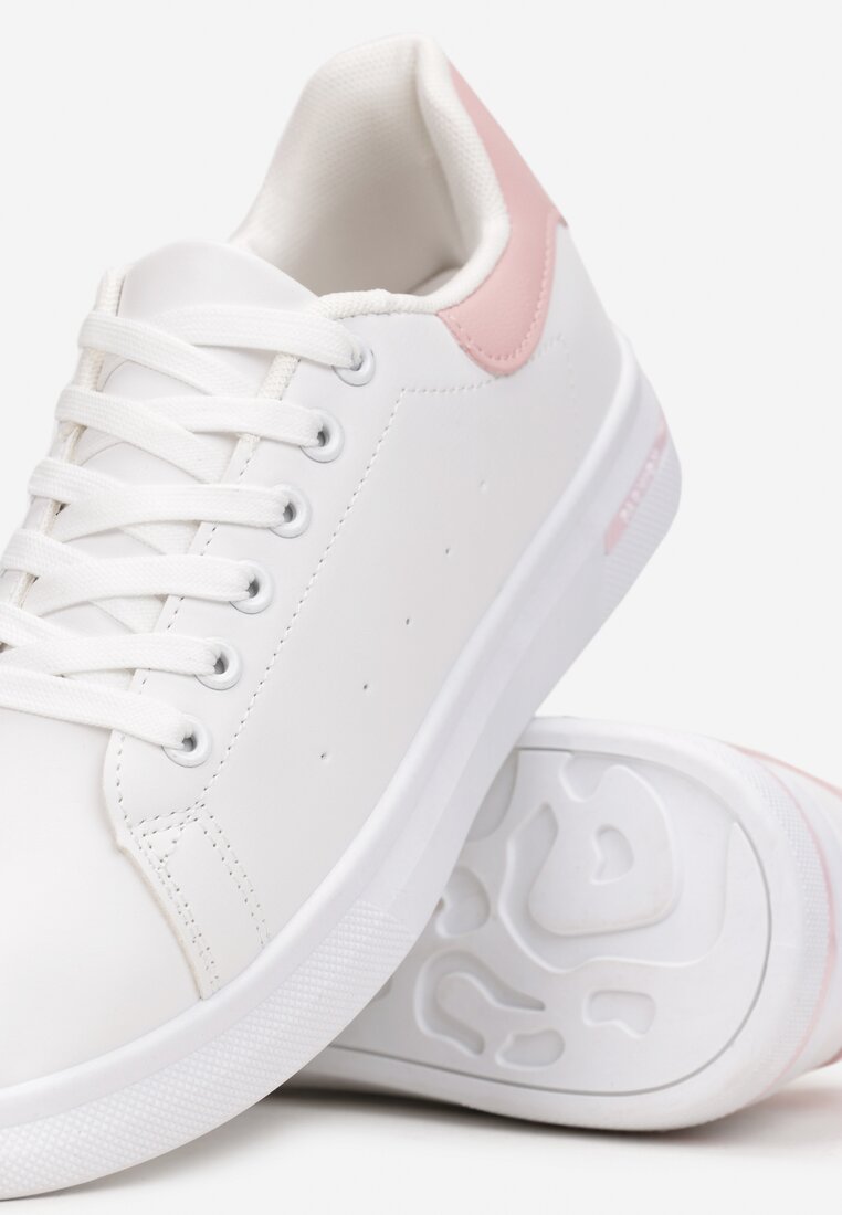 Biało-Różowe Wiązane Sneakersy na Płaskiej Podeszwie z Modną Wstawką Zanelih