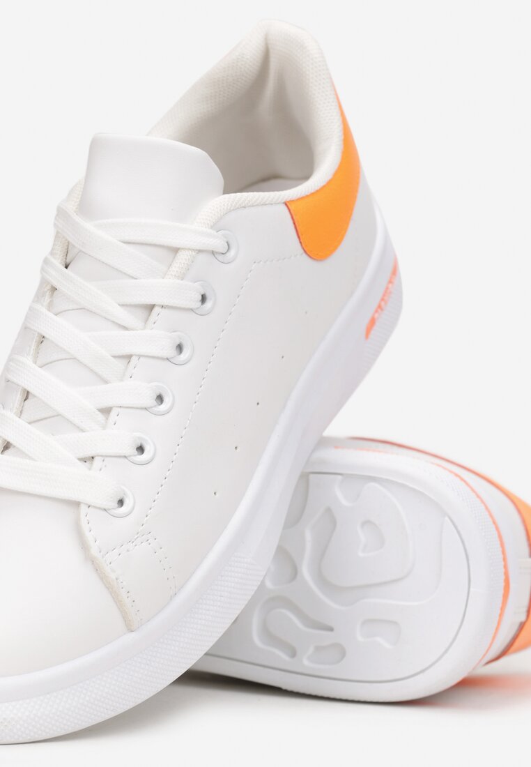 Biało-Pomarańczowe Wiązane Sneakersy na Płaskiej Podeszwie z Modną Wstawką Zanelih