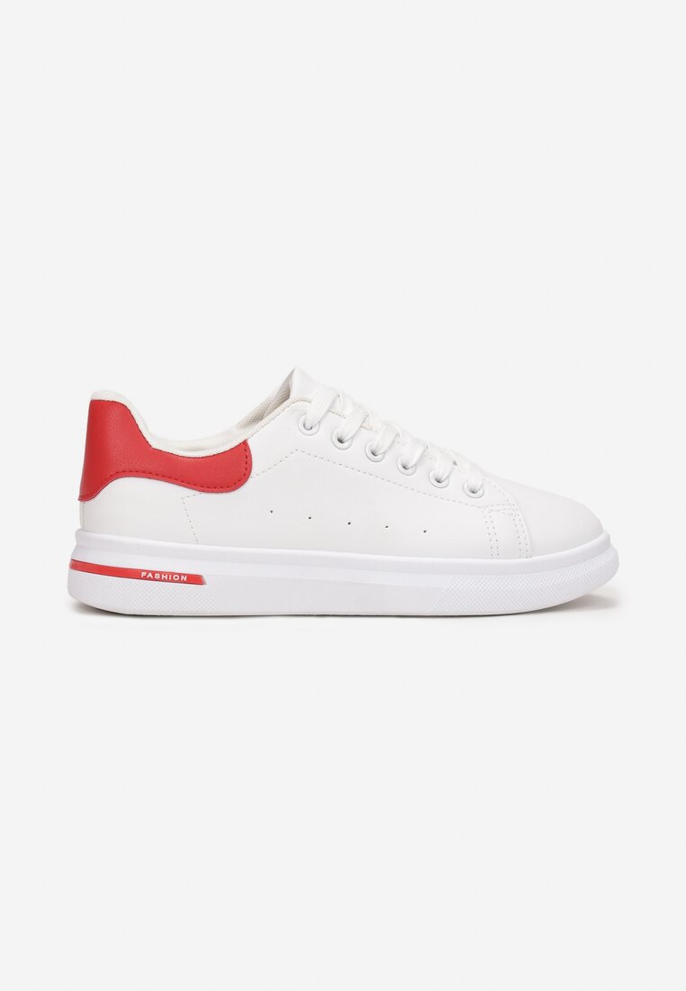 Biało-Czerwone Wiązane Sneakersy na Płaskiej Podeszwie z Modną Wstawką Zanelih
