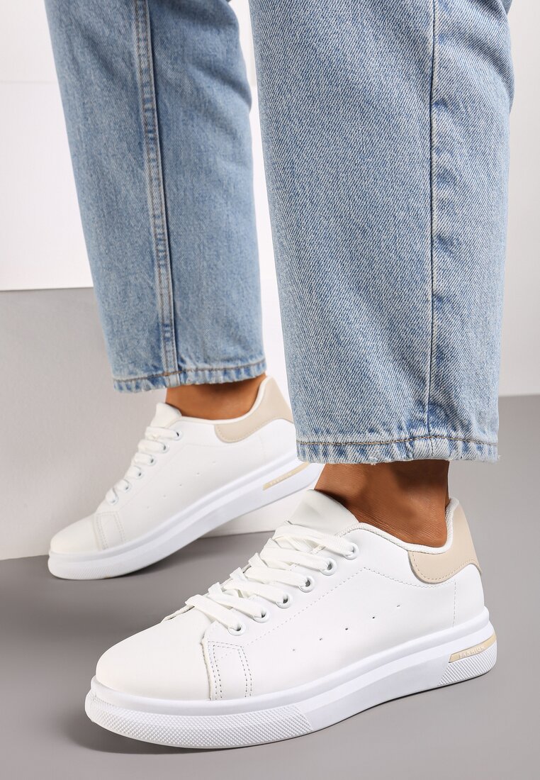 Biało-Beżowe Wiązane Sneakersy na Płaskiej Podeszwie z Modną Wstawką Zanelih