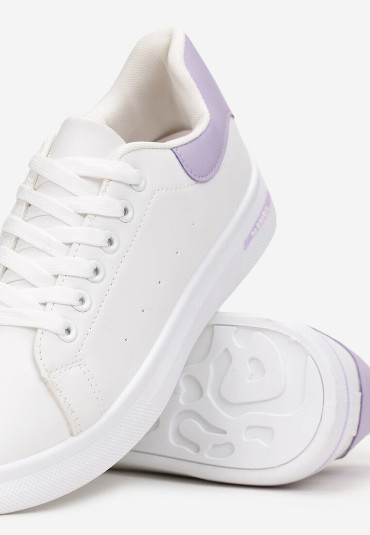 Biało-Fioletowe Wiązane Sneakersy na Płaskiej Podeszwie z Modną Wstawką Zanelih