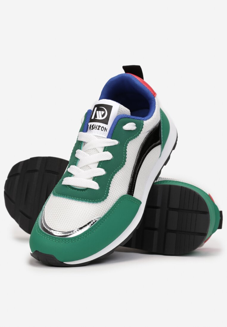 Biało-Zielone Buty Sportowe Wiązane z Naszywkami z Metalicznymi Wstawkami Bonerino