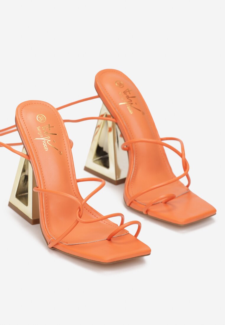 Pomarańczowe Sandały Wiązane na Rzemyki z Metalicznym Stożkowym Obcasem Lamata