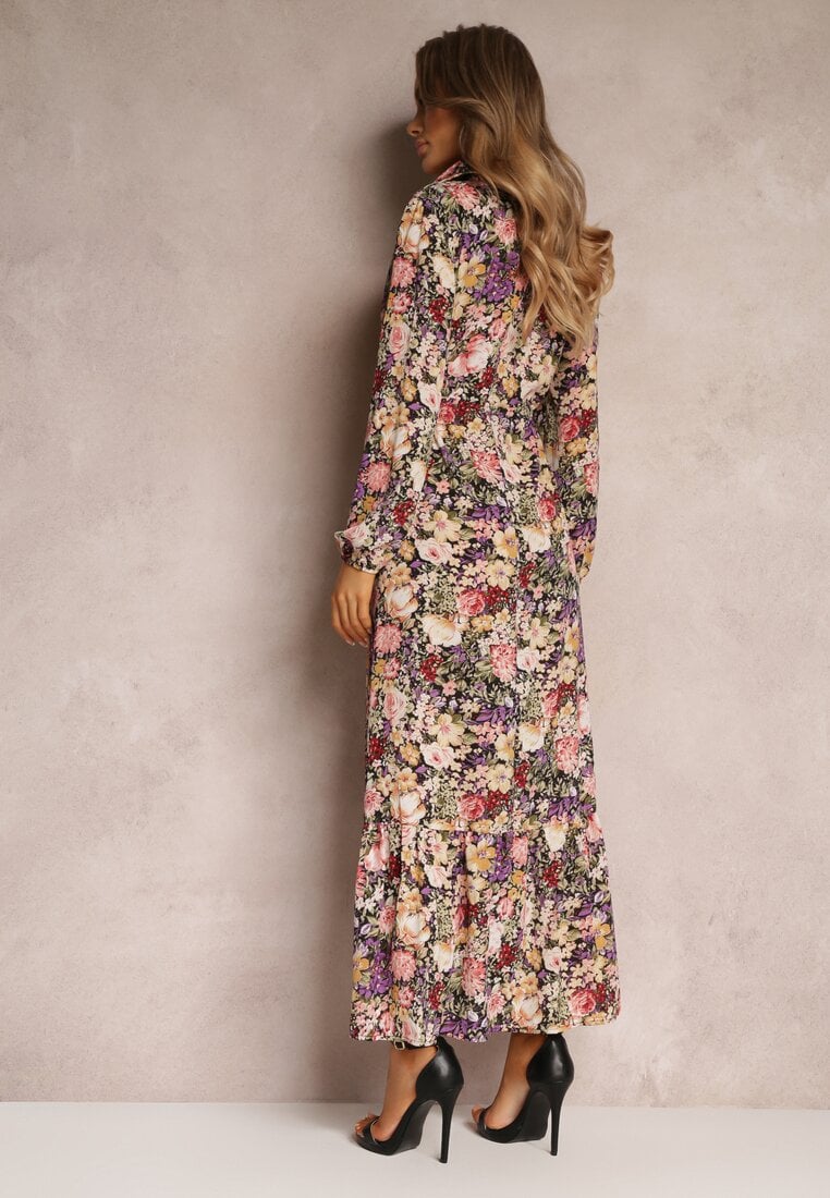 Beżowo-Fioletowa Sukienka Rozkloszowana w Kwiaty Rotu