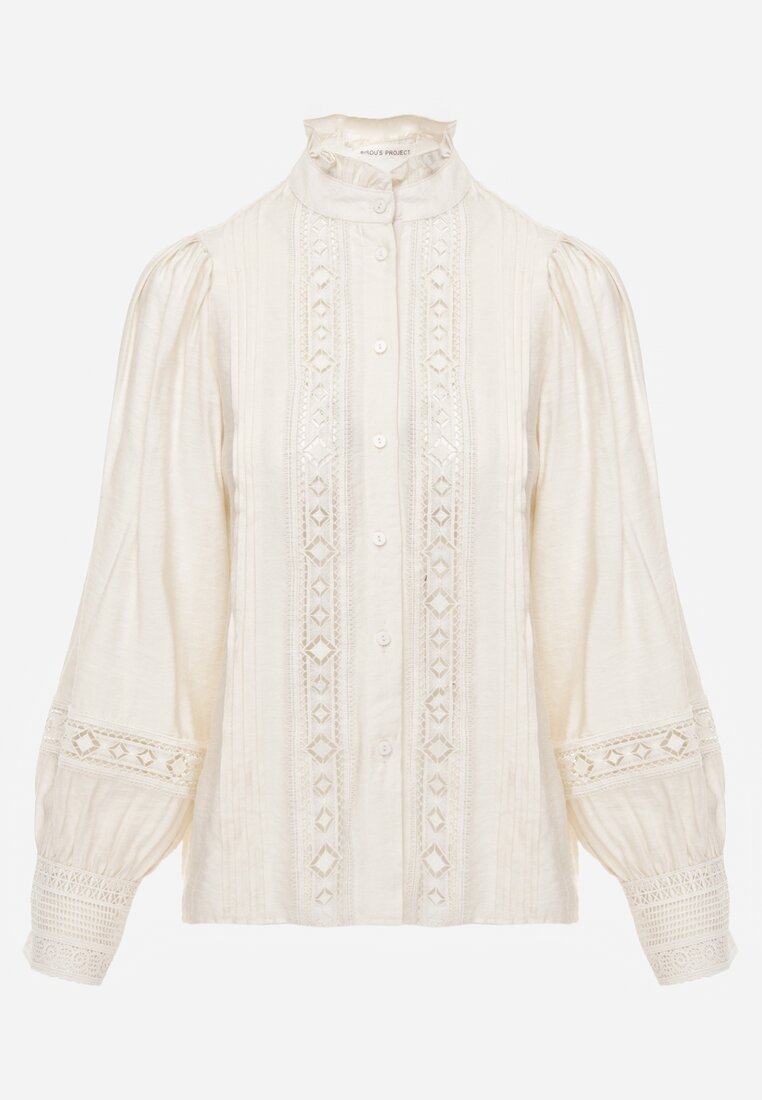 Jasnobeżowa Koszula ze Stójką i Koronką Phaeninca