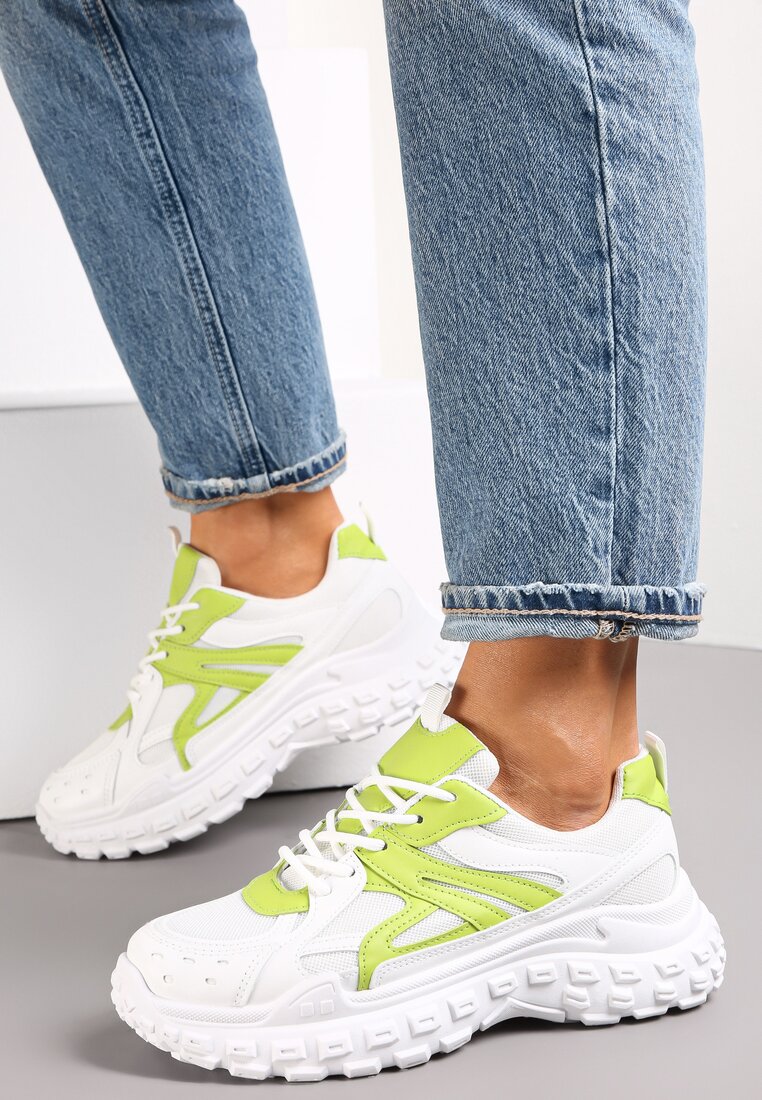 Biało-Zielone Wiązane Sneakersy z Amortyzującą Wkładką Elnell