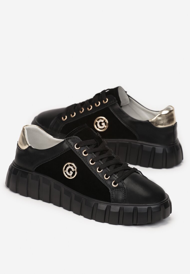 Czarno-Złote Sznurowane Sneakersy ze Skóry Breana