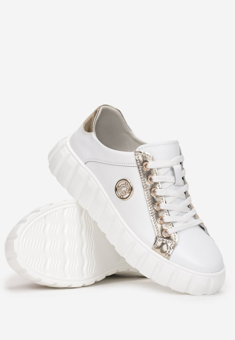 Biało-Złote Sznurowane Sneakersy ze Skóry Breana