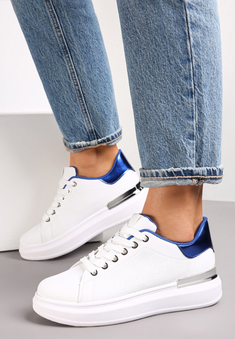 Biało-Niebieskie Sneakersy na Niskiej Platformie z Błyszczącymi Wstawkami Vasse