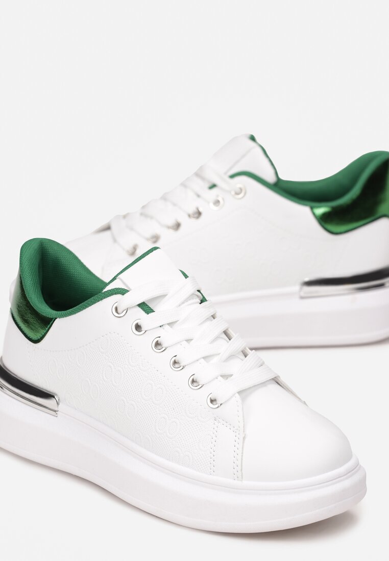 Biało-Zielone Sneakersy na Niskiej Platformie z Błyszczącymi Wstawkami Vasse