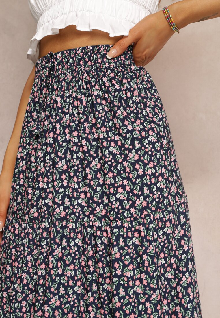 Granatowa Spódnica Maxi Bawełniana w Kwiatowy Wzór Rayegan