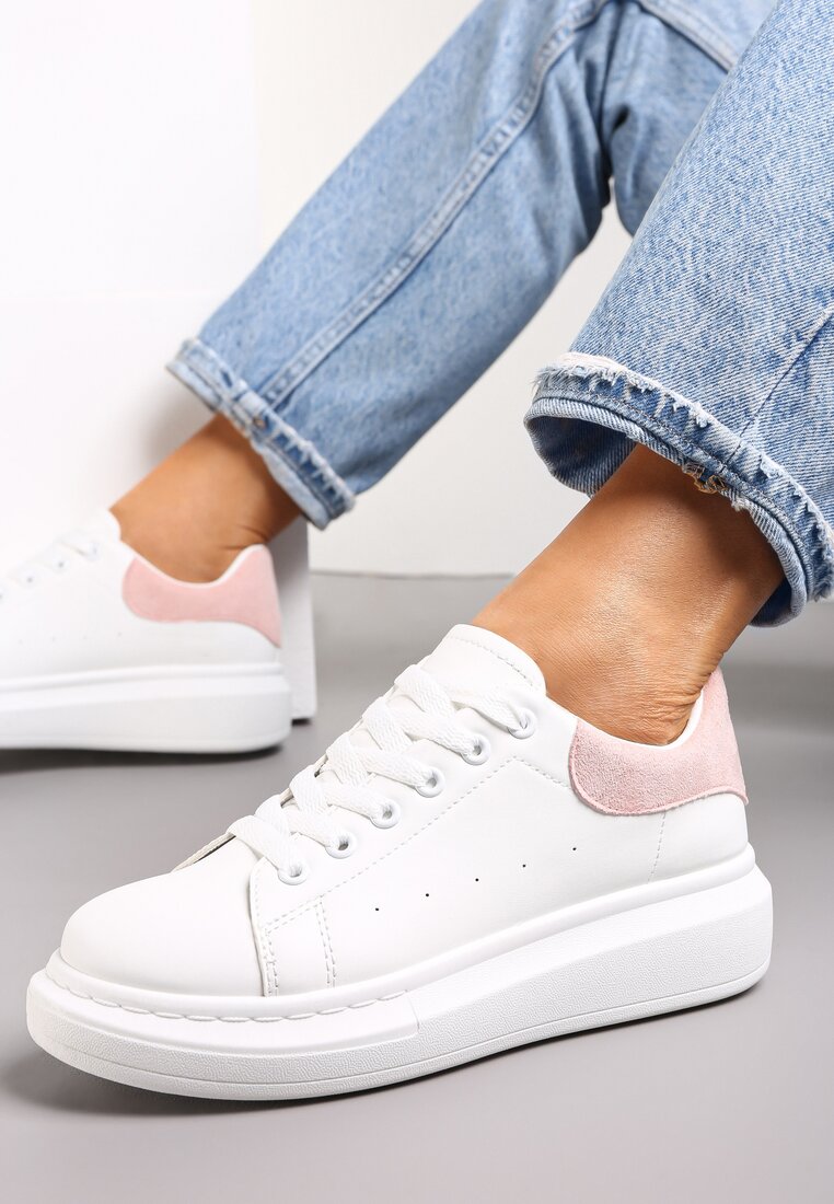 Biało-Różowe Sznurowane Sneakersy na Platformie Kierra