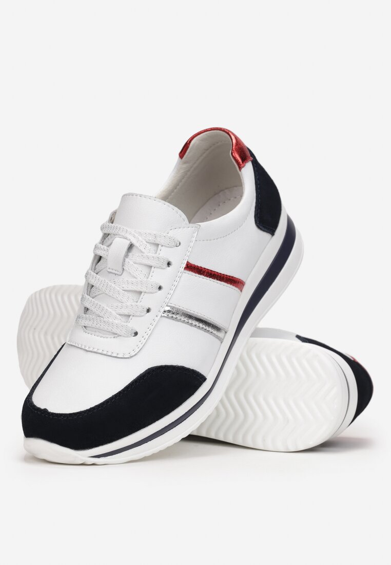 Biało-Granatowe Sznurowane Sneakersy ze Skóry Naturalnej Thelmas