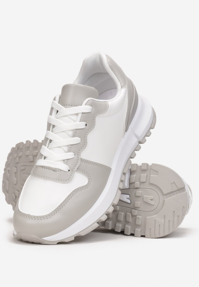 Biało-Szare Sneakersy na Płaskiej Podeszwie z Wycięciami Higis