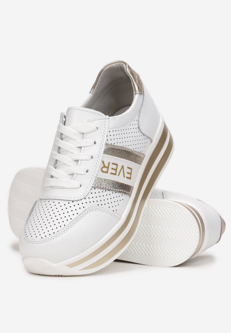 Biało-Złote Skórzane Sneakersy z Metaliczną Wstawką Cesmeh