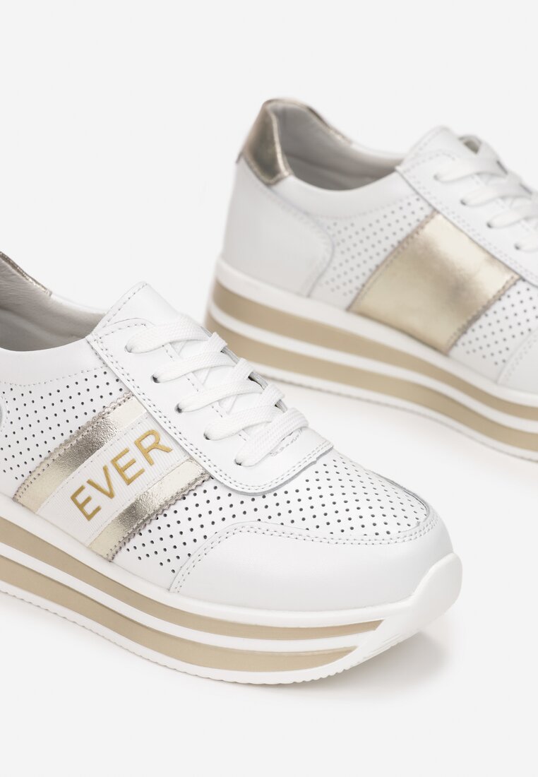 Biało-Złote Skórzane Sneakersy z Metaliczną Wstawką Cesmeh
