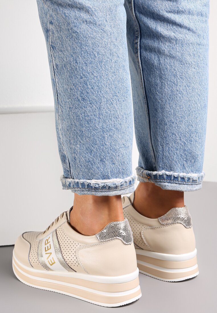 Beżowo-Złote Skórzane Sneakersy z Metaliczną Wstawką Cesmeh