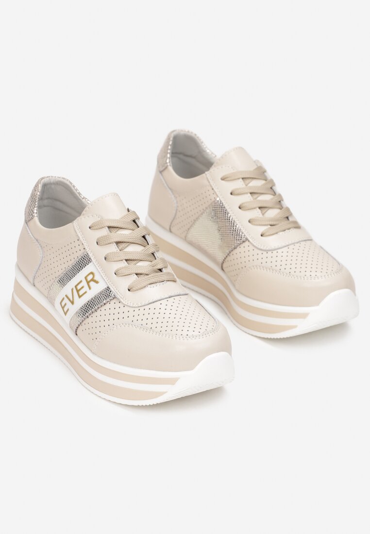 Beżowo-Złote Skórzane Sneakersy z Metaliczną Wstawką Cesmeh