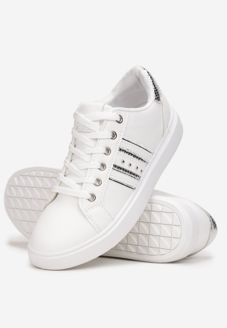 Biało-Srebrne Sznurowane Buty Sportowe z Wstawkami Hasoi