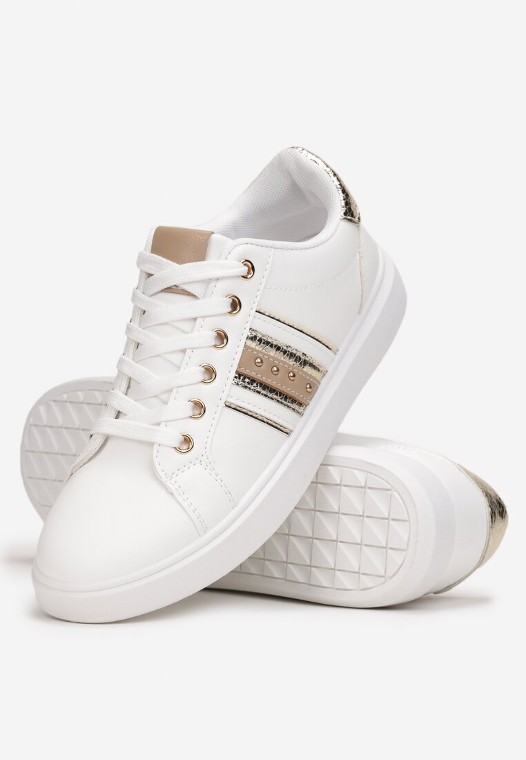 Biało-Złote Sznurowane Buty Sportowe z Wstawkami Hasoi