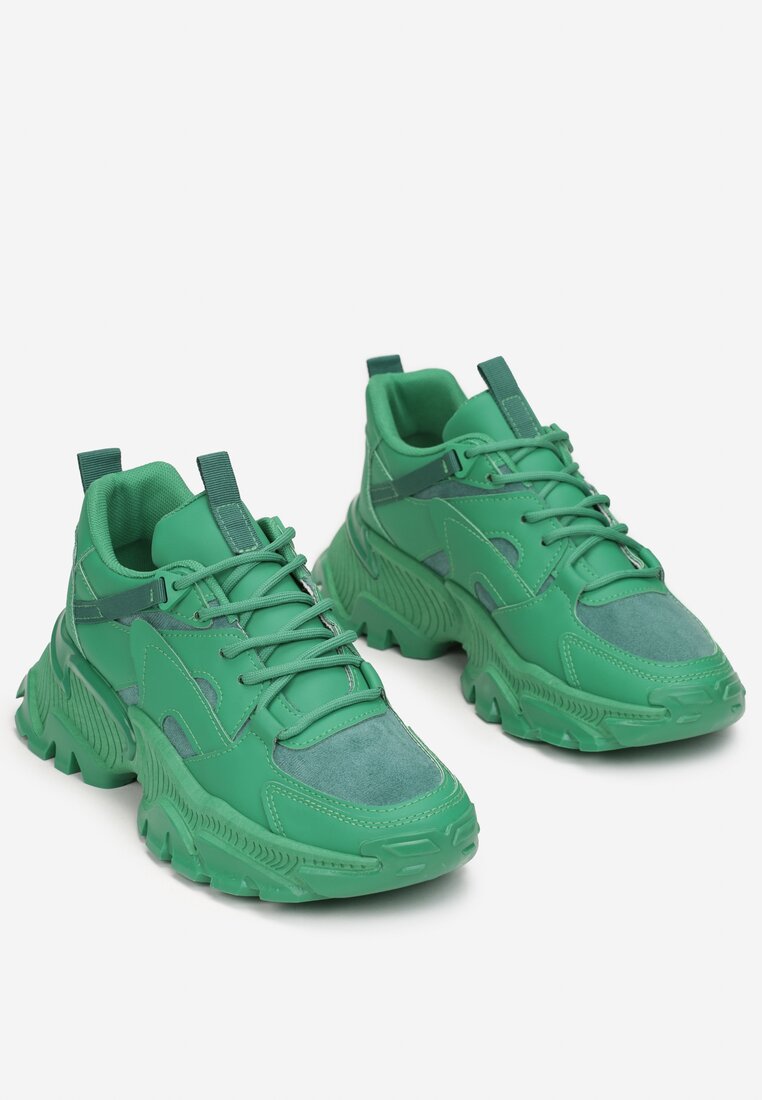 Zielone Sznurowane Sneakersy na Grubej Podeszwie ze Żłobieniami Cezde
