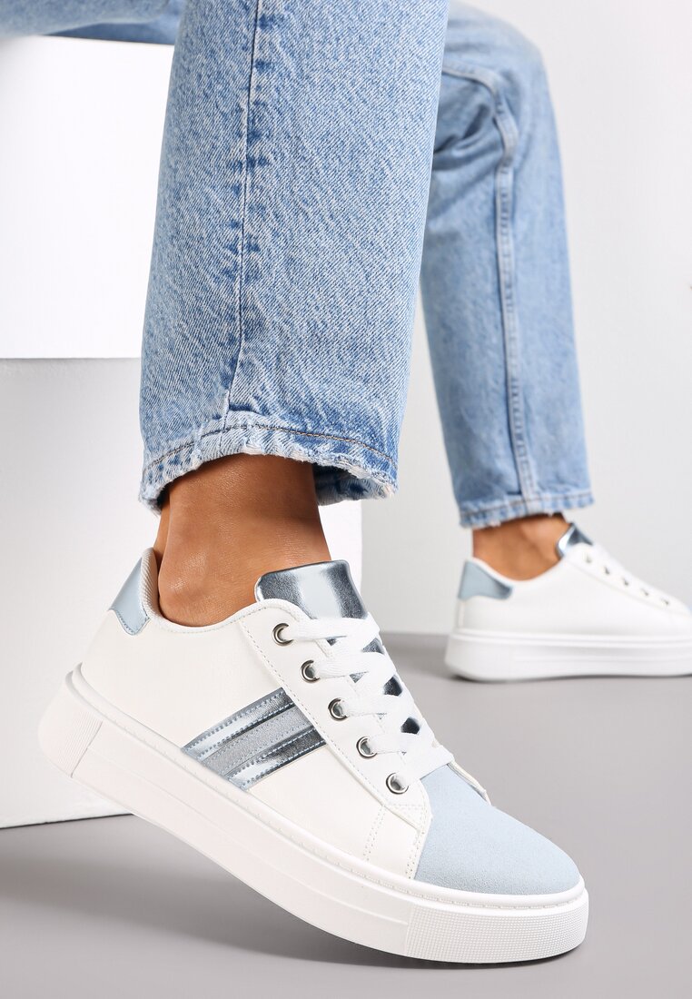 Biało-Niebieskie Sneakersy Sznurowane na Grubej Podeszwie Livorna