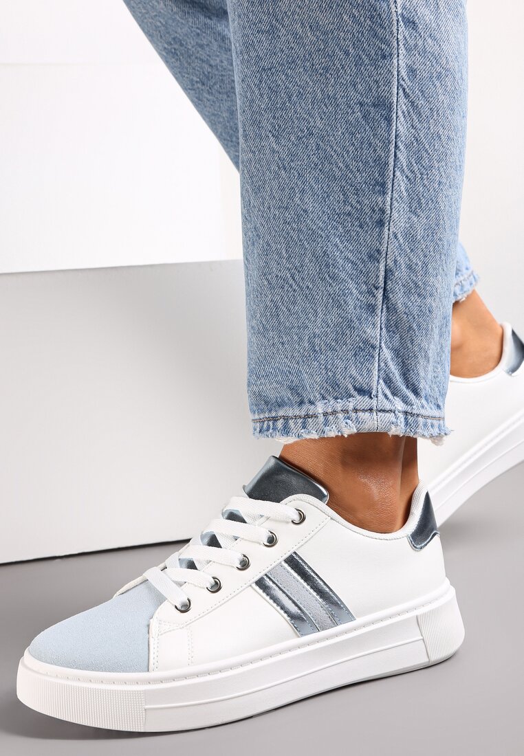 Biało-Niebieskie Sneakersy Sznurowane na Grubej Podeszwie Livorna