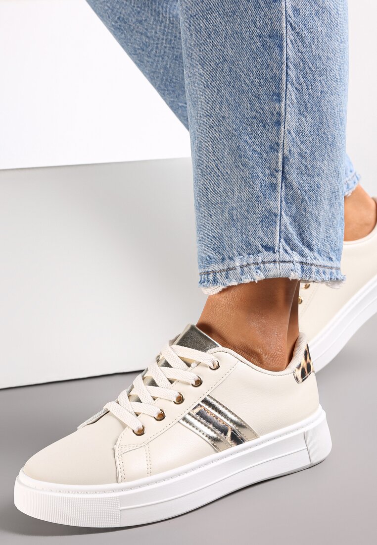 Beżowo-Złote Sneakersy Sznurowane na Grubej Podeszwie Livorna