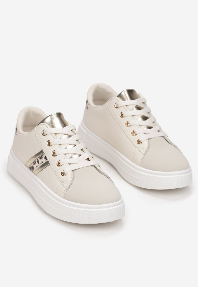 Beżowo-Złote Sneakersy Sznurowane na Grubej Podeszwie Livorna