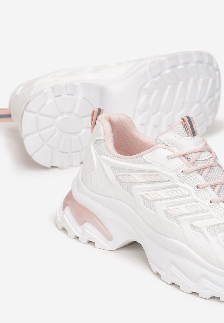 Biało-Różowe Sneakersy na Masywnej Podeszwie Zdobione Kolorowymi Wstawkami Farete