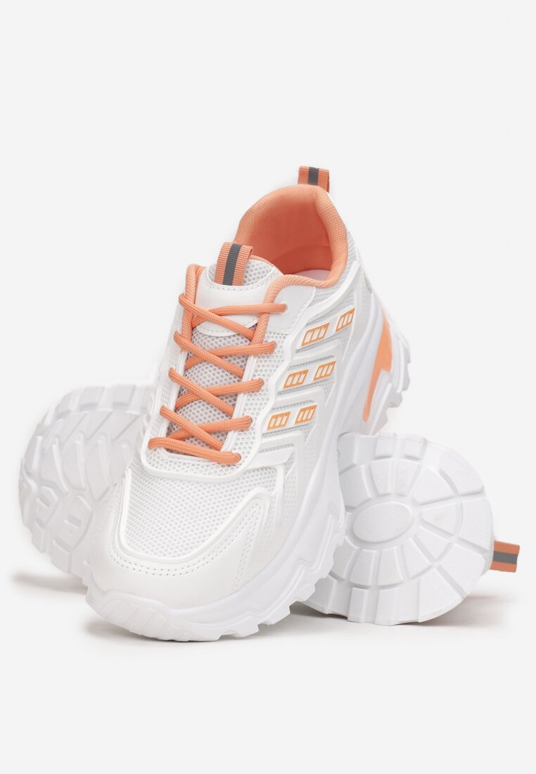 Biało-Pomarańczowe Sneakersy na Masywnej Podeszwie Zdobione Kolorowymi Wstawkami Farete