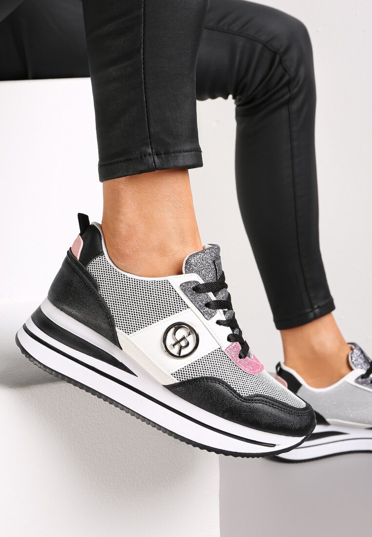 Czarne Sneakersy na Niskiej Platformie Zdobione Brokatem Efinas