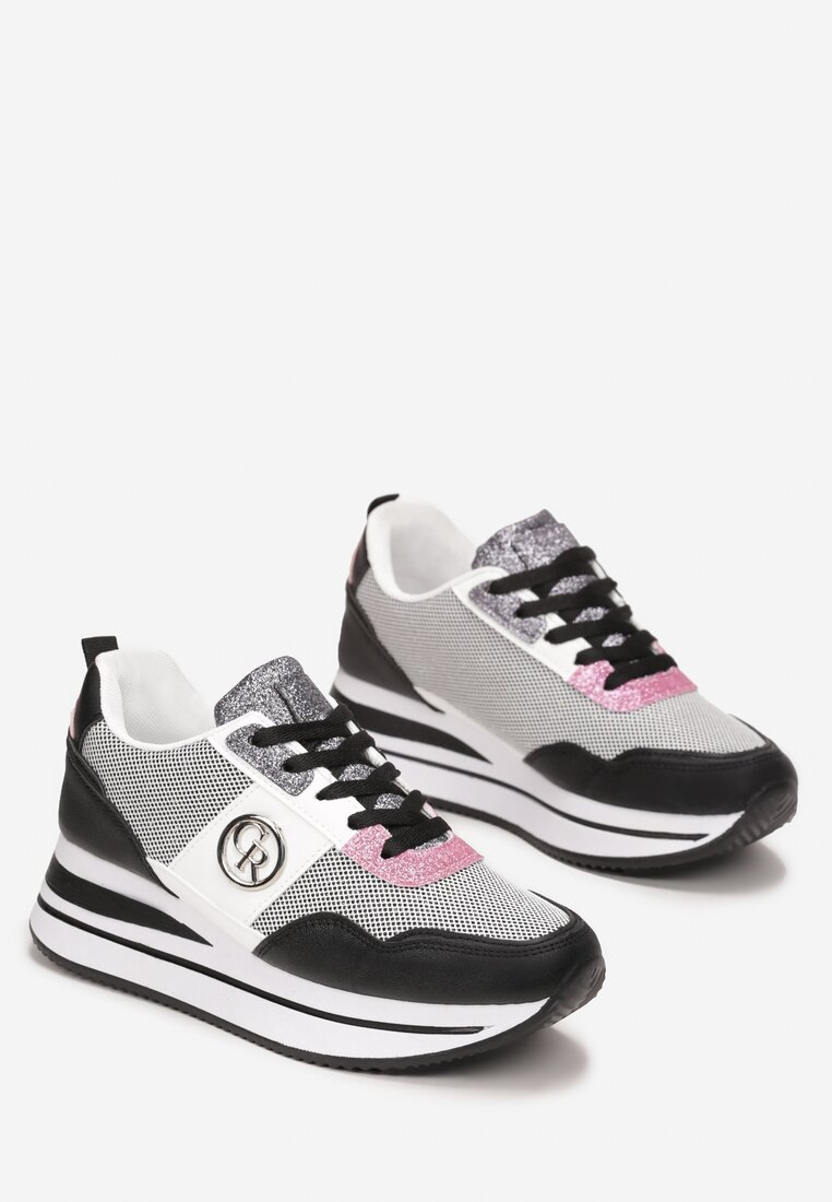 Czarne Sneakersy na Niskiej Platformie Zdobione Brokatem Efinas