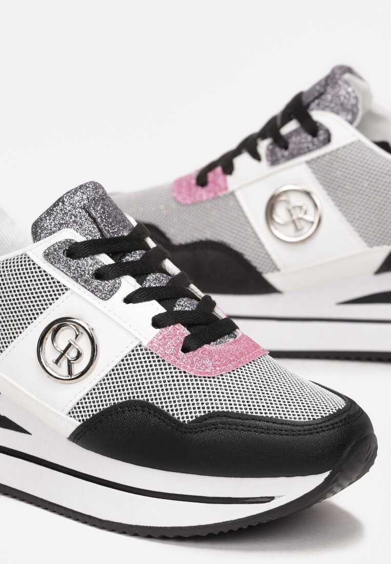 Czarne Sneakersy na Niskiej Platformie Zdobione Brokatem Efinas