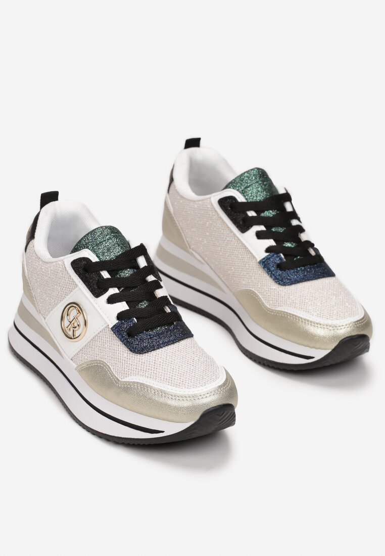 Złote Sneakersy na Niskiej Platformie Zdobione Brokatem Efinas