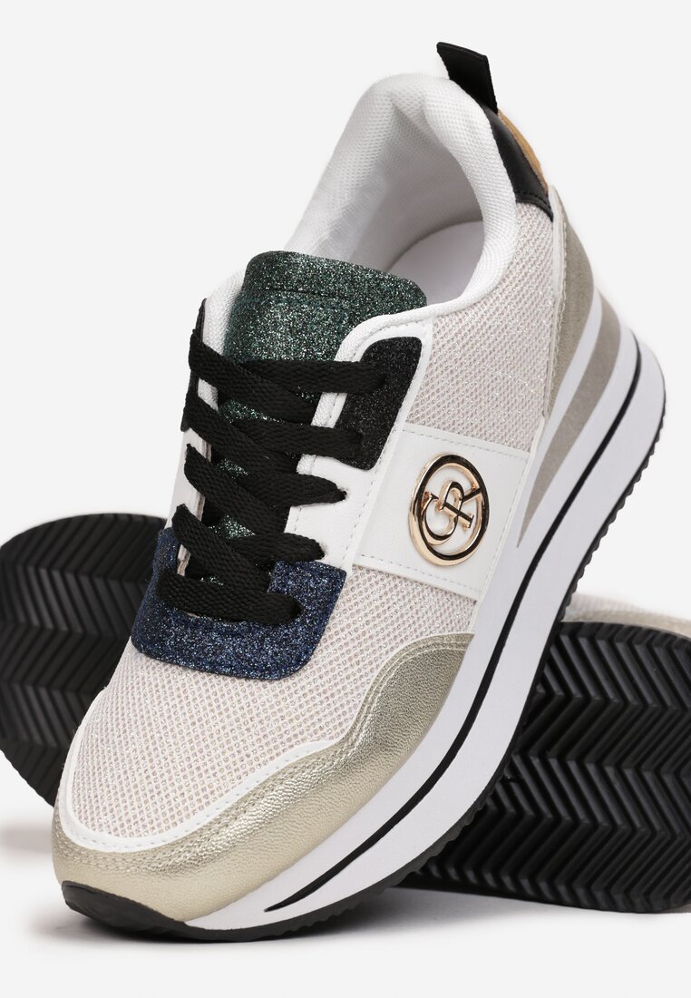 Złote Sneakersy na Niskiej Platformie Zdobione Brokatem Efinas