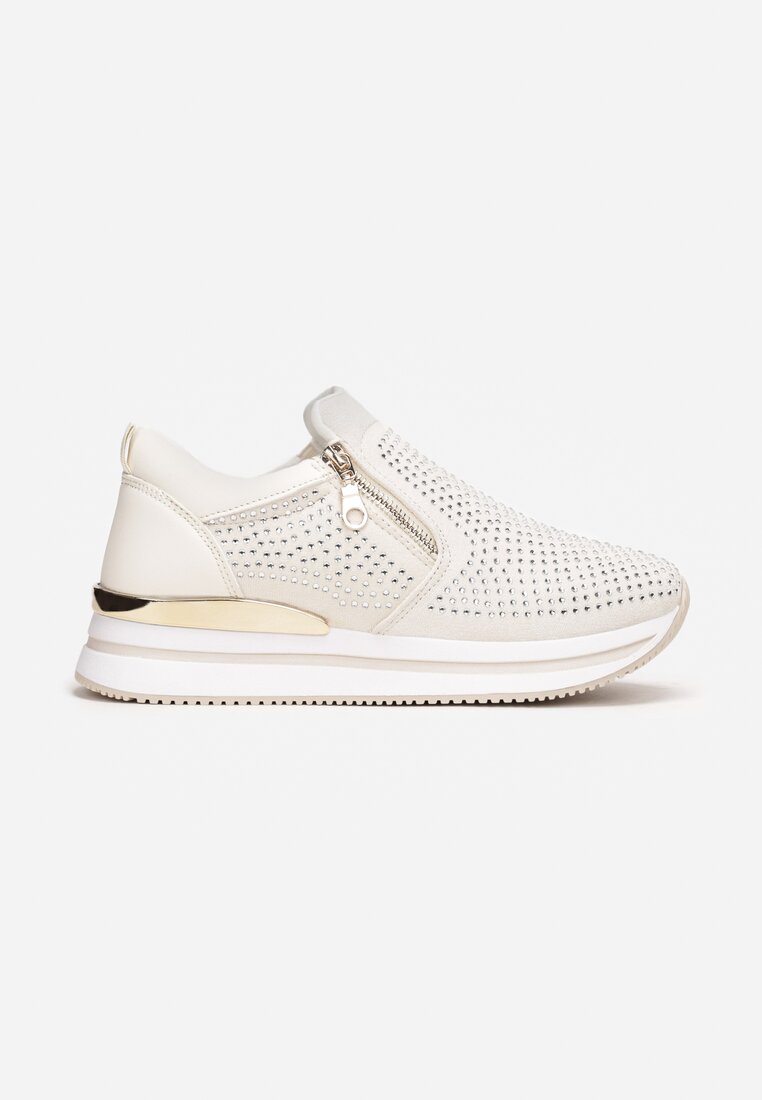 Beżowe Sneakersy z Suwakiem Zdobione Cyrkoniami Jesnila