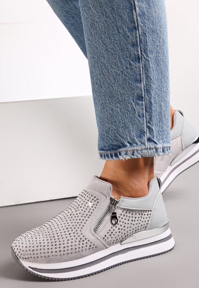 Szare Sneakersy z Suwakiem Zdobione Cyrkoniami Jesnila
