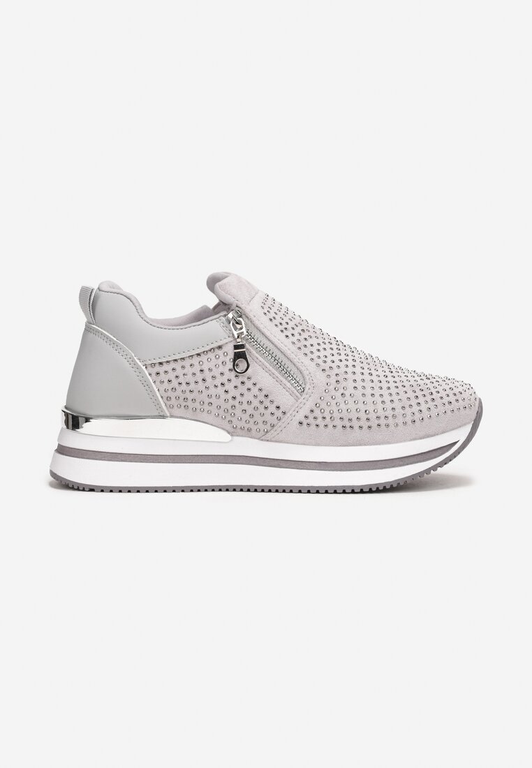 Szare Sneakersy z Suwakiem Zdobione Cyrkoniami Jesnila