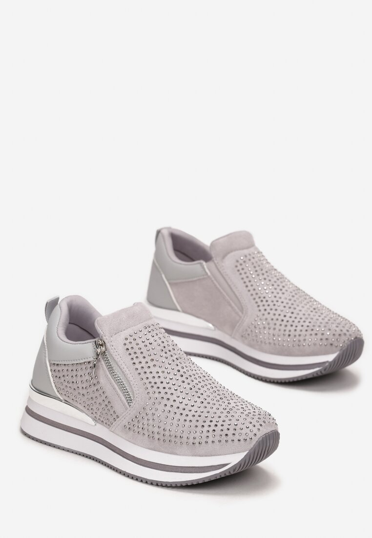 Szare Sneakersy z Suwakiem Zdobione Cyrkoniami Jesnila