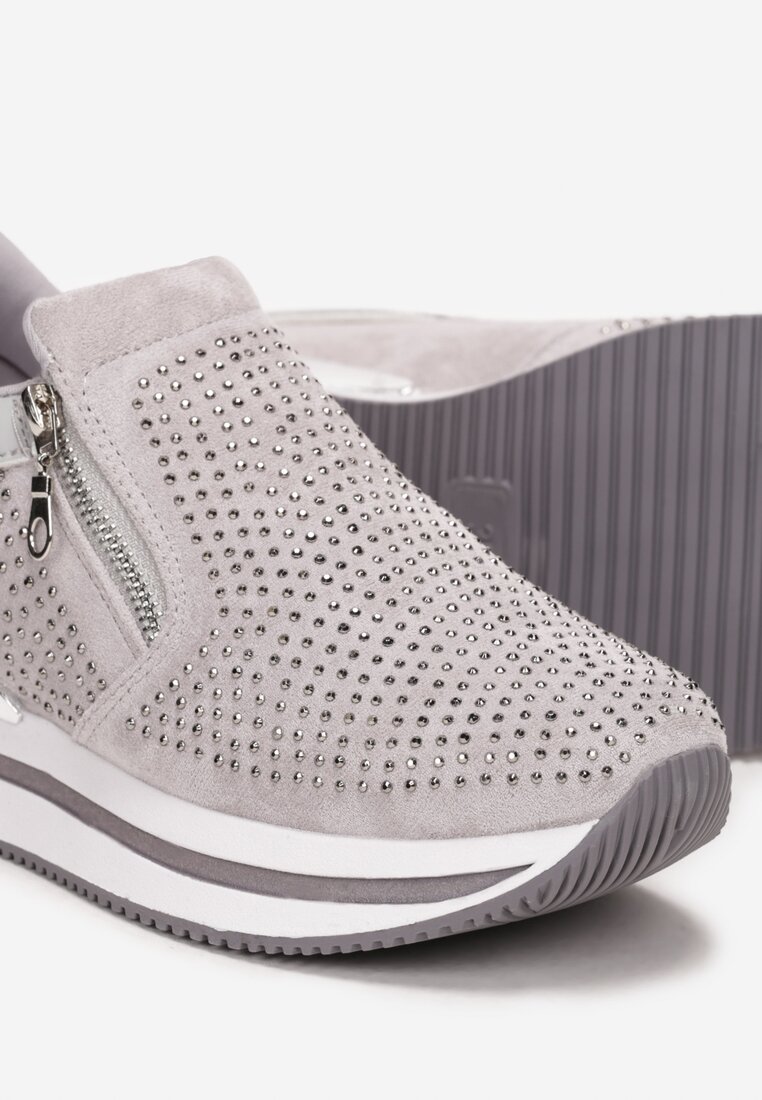 Szare Sneakersy z Suwakiem Zdobione Cyrkoniami Jesnila