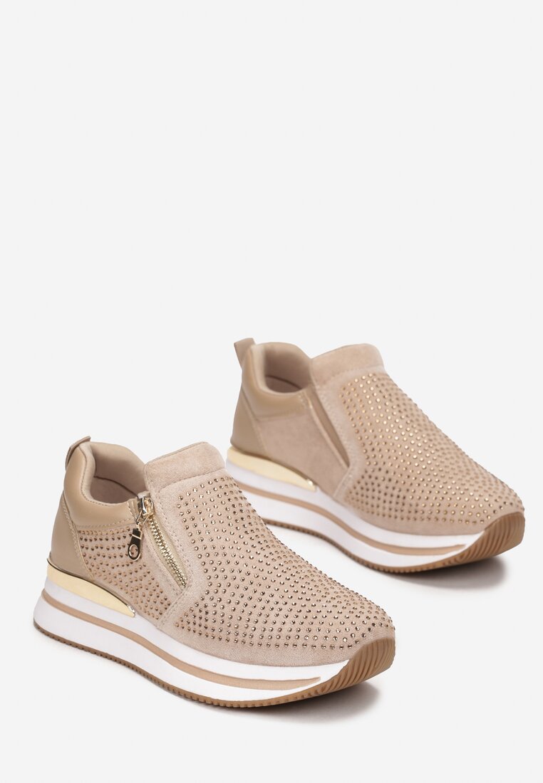 Ciemnobeżowe Sneakersy z Suwakiem Zdobione Cyrkoniami Jesnila