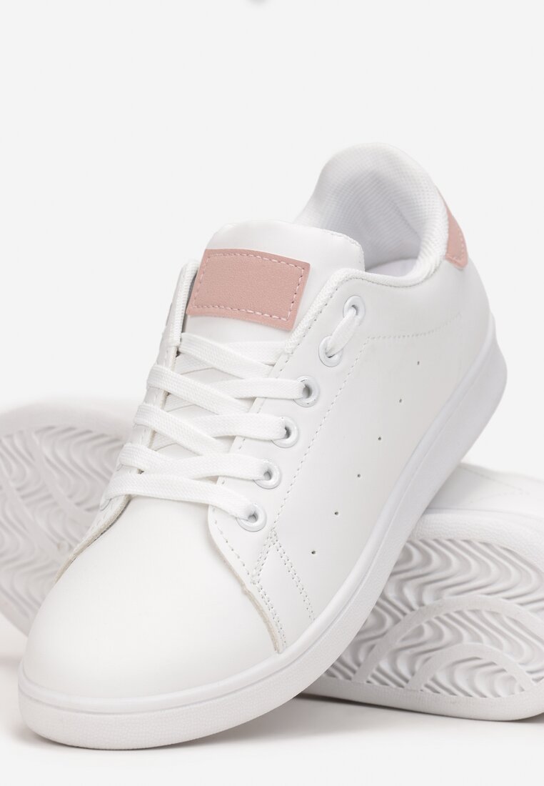 Biało-Różowe Wiązane Sneakersy na Płaskiej Podeszwie z Przeszyciami Ereath