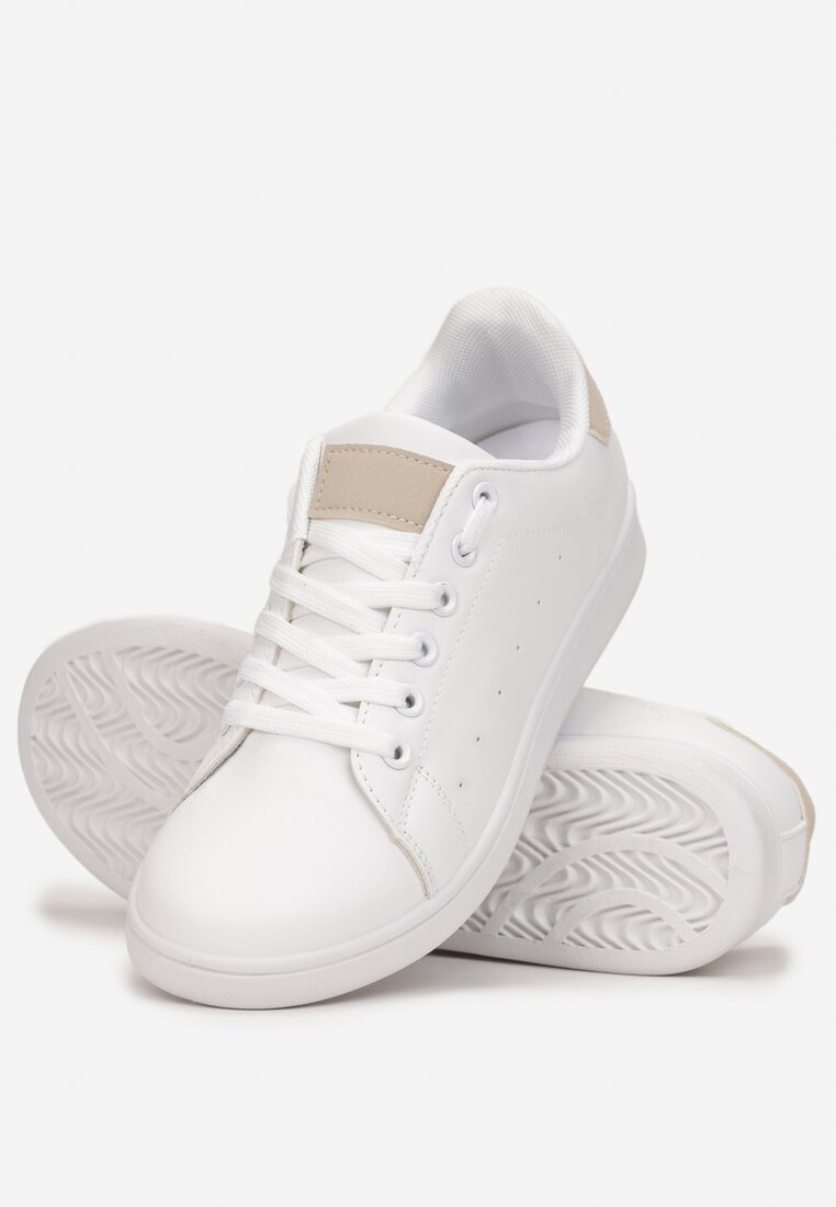 Biało-Beżowe Wiązane Sneakersy na Płaskiej Podeszwie z Przeszyciami Ereath